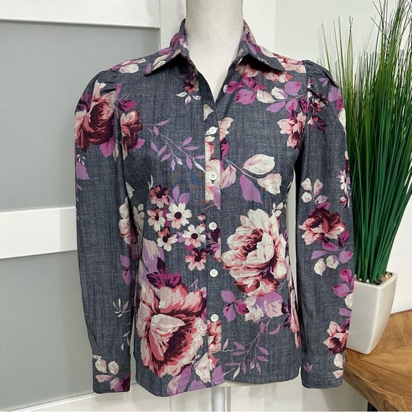 Jill Jill Stuart Chambray Floral Button Up Top Multicolor SZ 2 Long Sleeve NWT - Picture 1 of 10